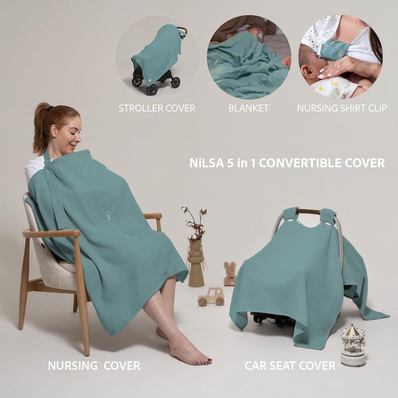 Nilsa 5-in-1 Muslin Nursing Cover up for Breastfeeding & Baby Car Seat Cover - Breathable Breastfeeding Cover With Rigid Hoop - 100% Cotton Privacy Apron Breast Feeding Covers For Women (Mint green) - Image 2